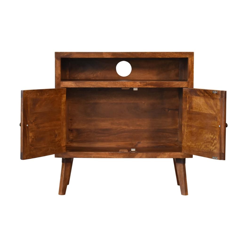 Tova Open Shelf Cabinet | Solid Mango Wood | Chestnut Finish | Patterned Doors