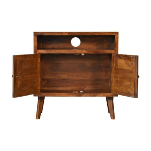 Tova Open Shelf Cabinet | Solid Mango Wood | Chestnut Finish | Patterned Doors