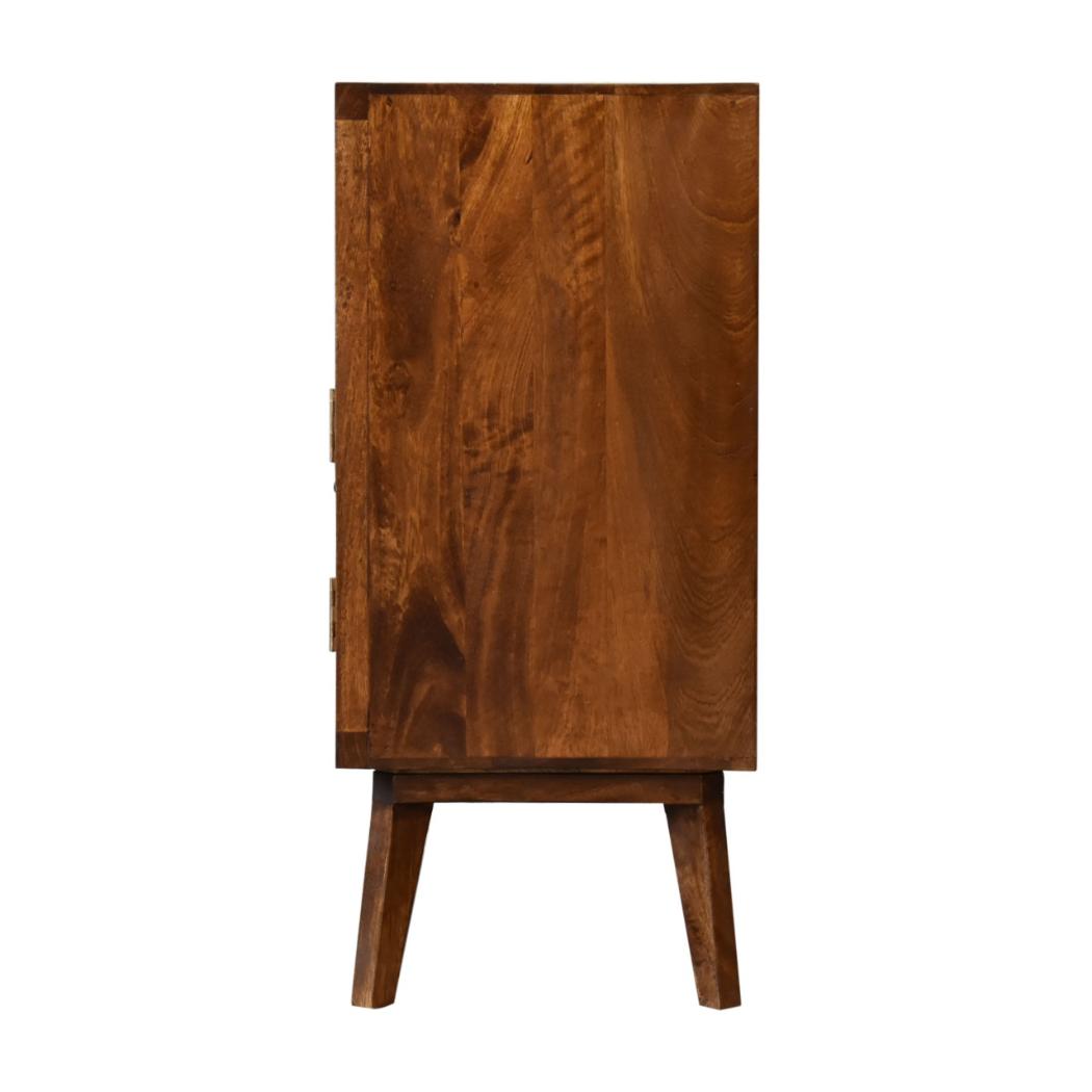Tova Open Shelf Cabinet | Solid Mango Wood | Chestnut Finish | Patterned Doors