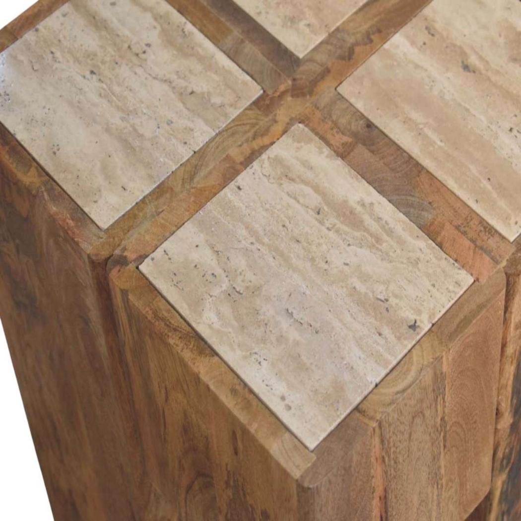 Travertine Top Block Side Table | Sculptural Stone Accent Table