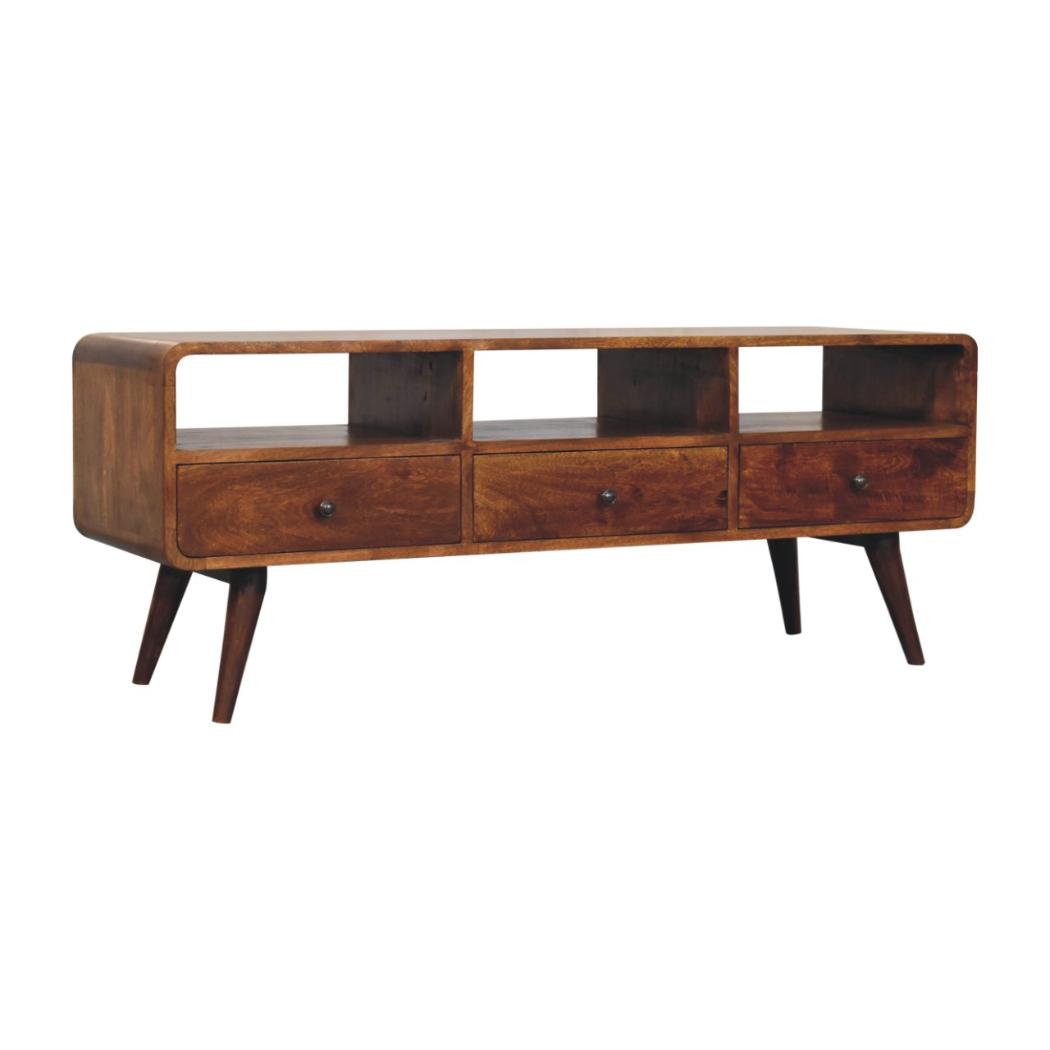 Trio Curved Media Unit | Chestnut Finish | Three-Part Storage Design