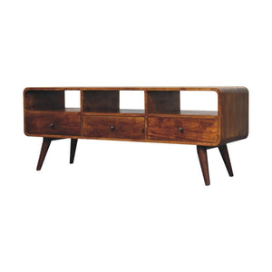 Trio Curved Media Unit | Chestnut Finish | Three-Part Storage Design