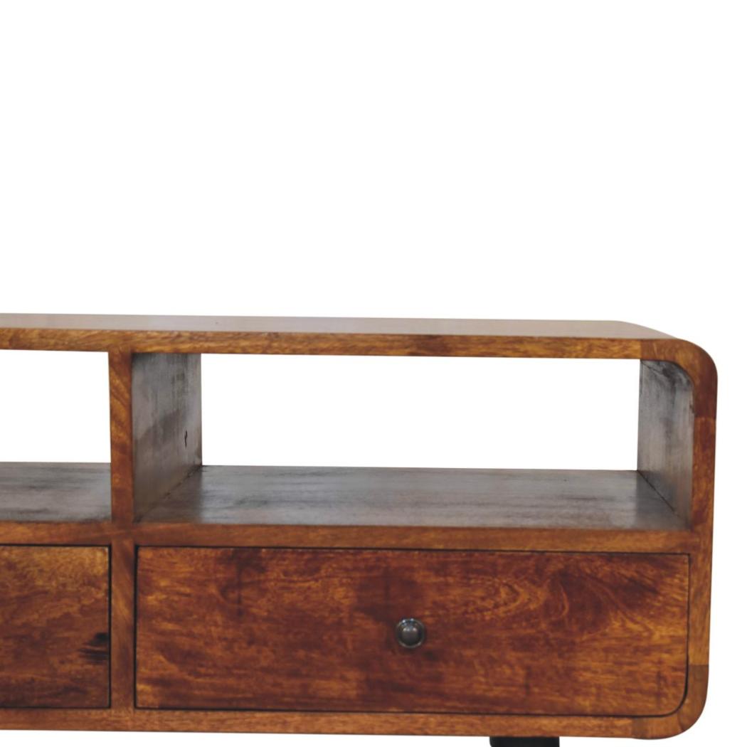 Trio Curved Media Unit | Chestnut Finish | Three-Part Storage Design