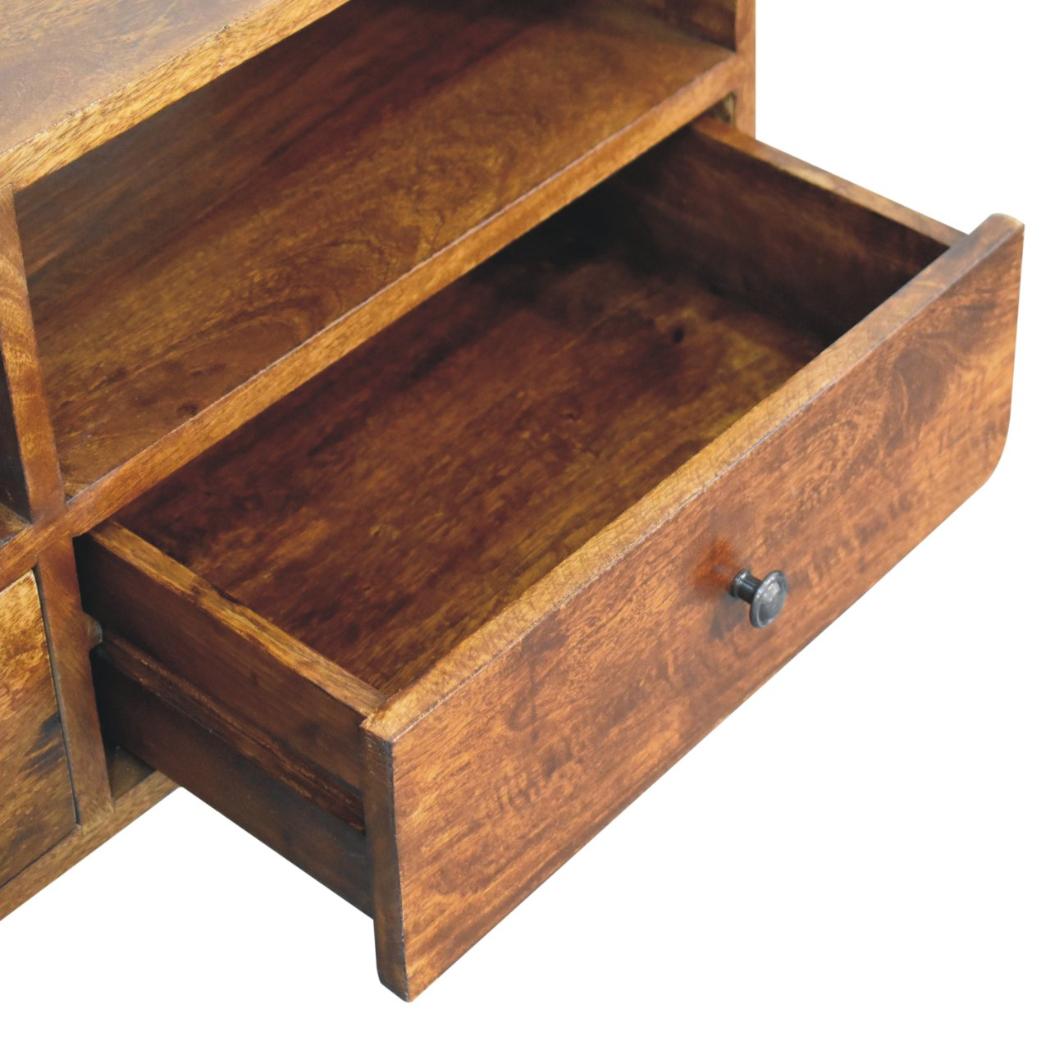 Trio Curved Media Unit | Chestnut Finish | Three-Part Storage Design