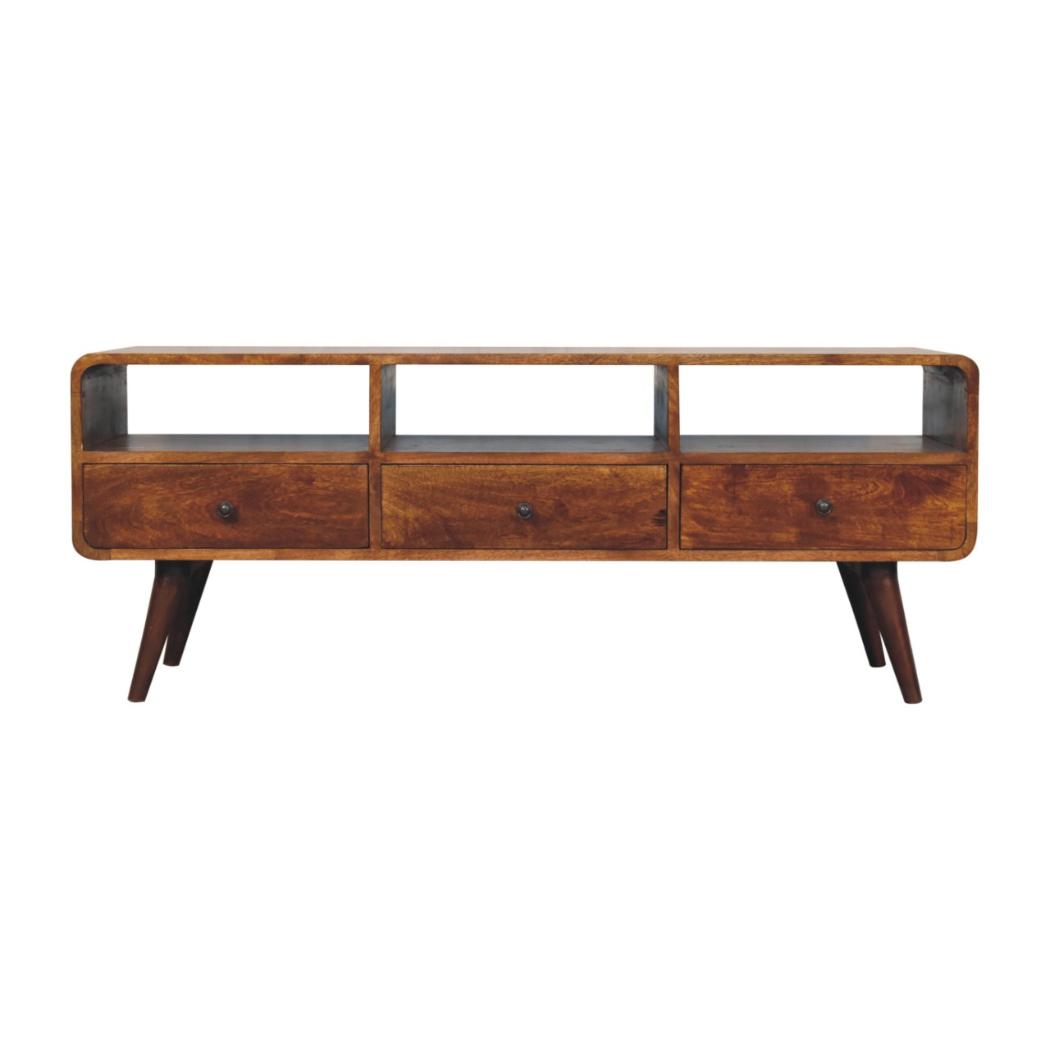 Trio Curved Media Unit | Chestnut Finish | Three-Part Storage Design