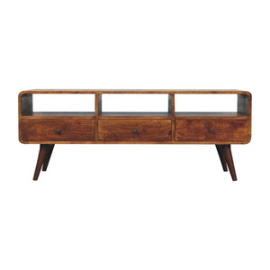 Trio Curved Media Unit | Chestnut Finish | Three-Part Storage Design