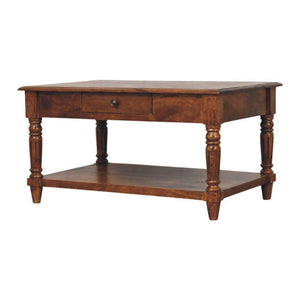 Turned-Leg Coffee Table | Solid Mango Wood | Chestnut Finish | 2 Drawers