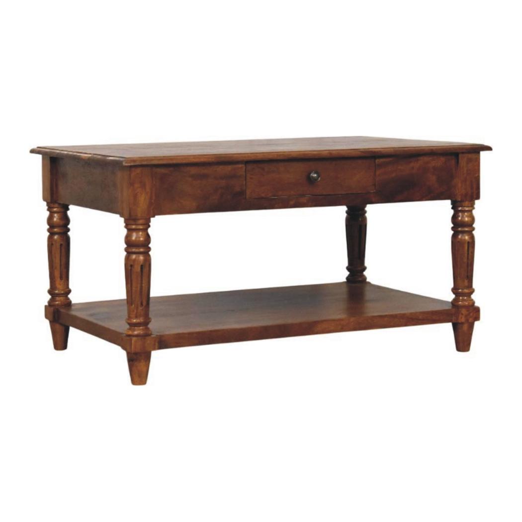 Turned-Leg Coffee Table | Solid Mango Wood | Chestnut Finish | 2 Drawers