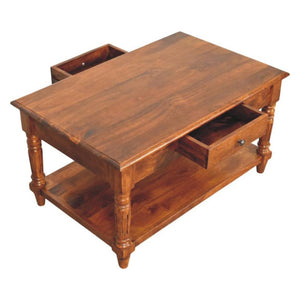 Turned-Leg Coffee Table | Solid Mango Wood | Chestnut Finish | 2 Drawers
