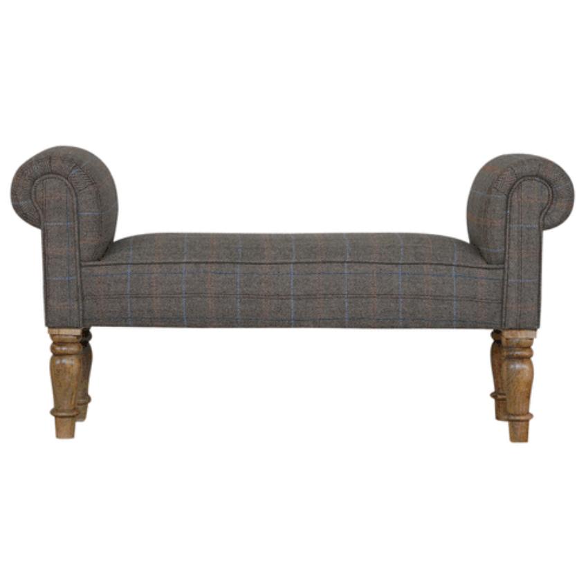 Tweed Bedroom Bench | Solid Mango Wood | Oak Finish | Upholstered Hallway Bench