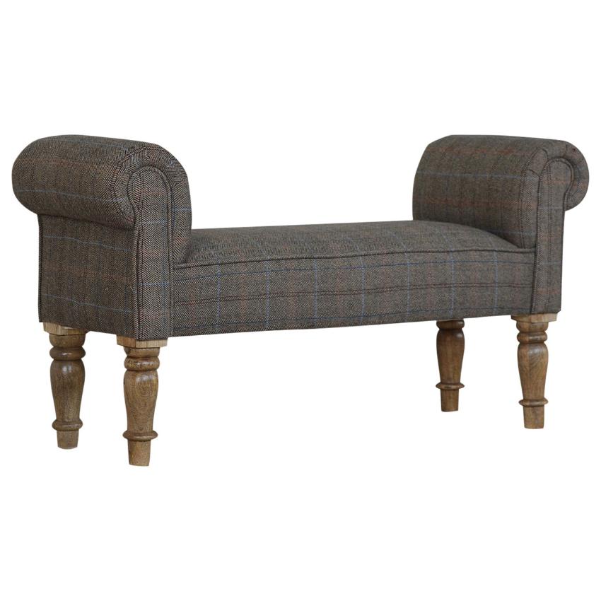 Tweed Bedroom Bench | Solid Mango Wood | Oak Finish | Upholstered Hallway Bench