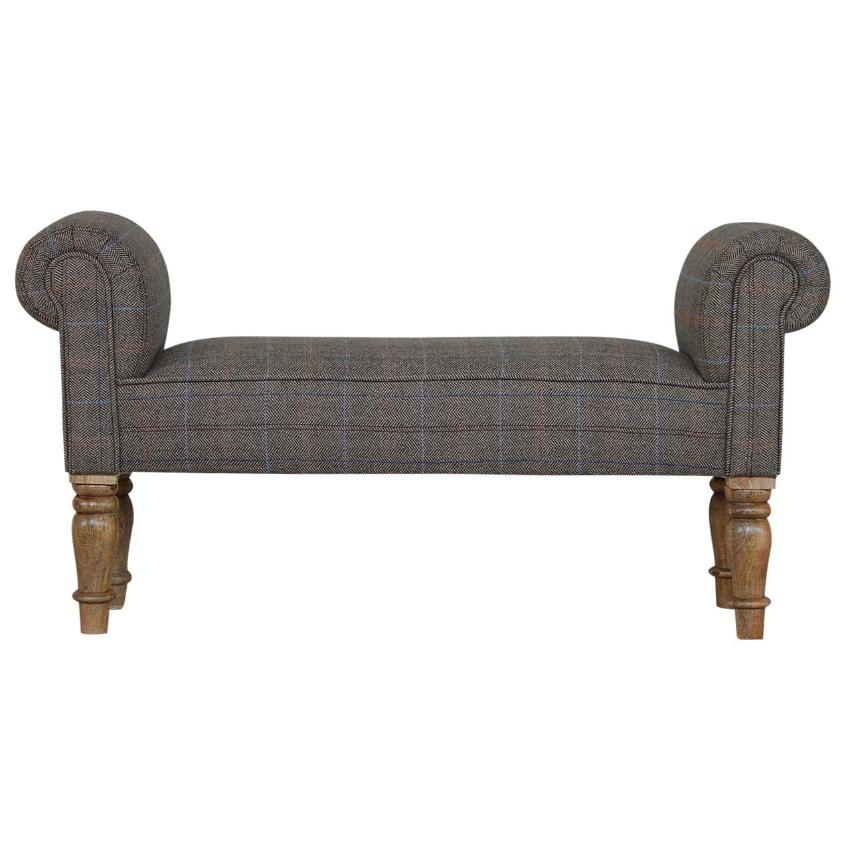 Tweed Bedroom Bench | Solid Mango Wood | Oak Finish | Upholstered Hallway Bench