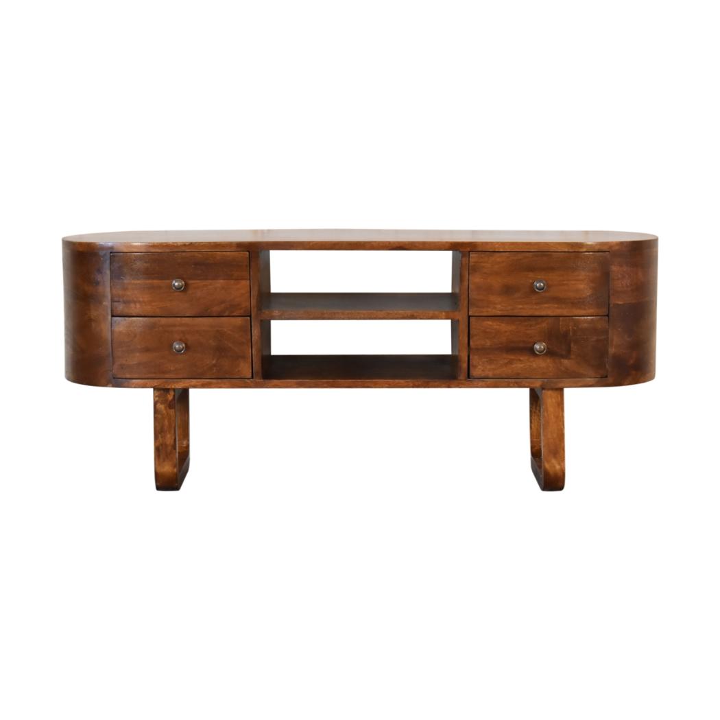 U-Frame Media TV Unit | Solid Mango Wood | Oak Finish | Rounded Storage Design