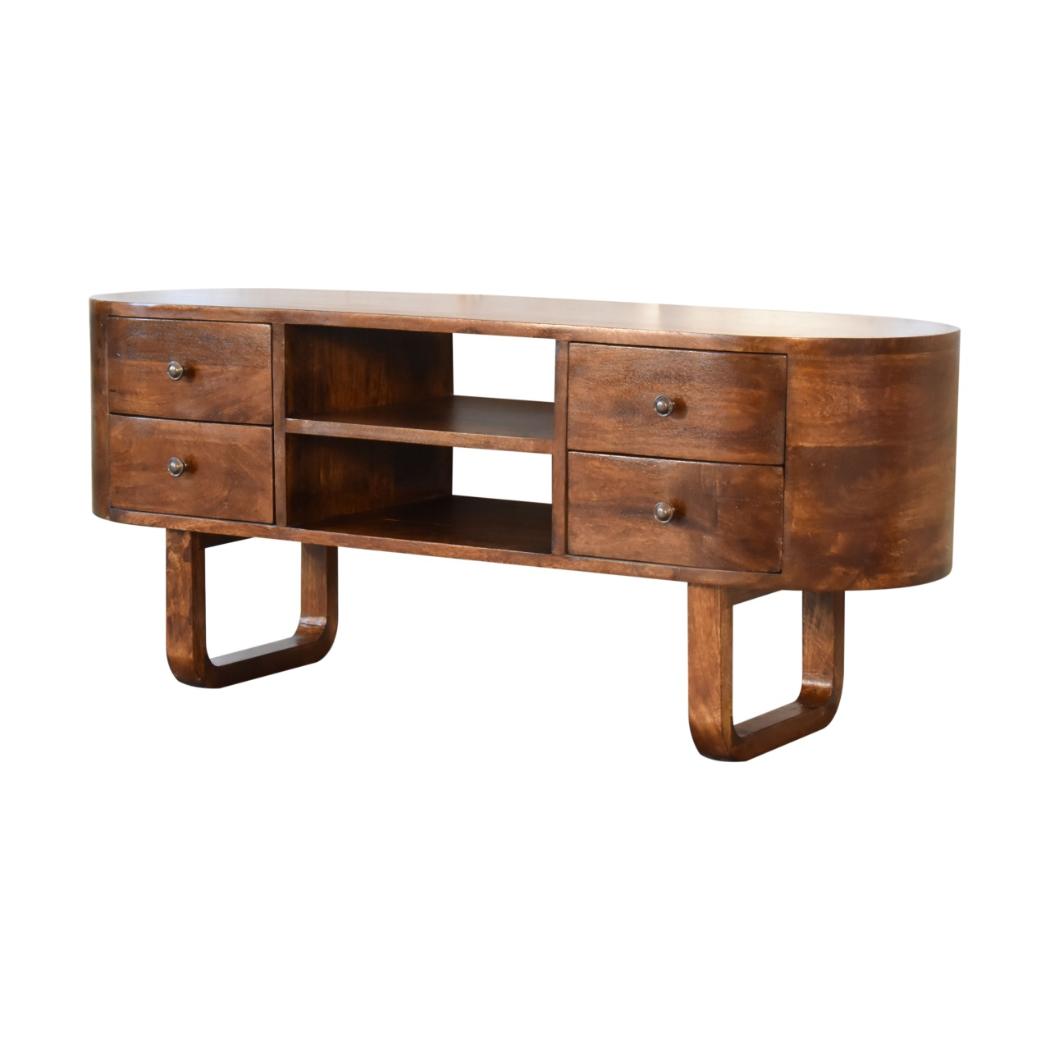 U-Frame Media TV Unit | Solid Mango Wood | Oak Finish | Rounded Storage Design