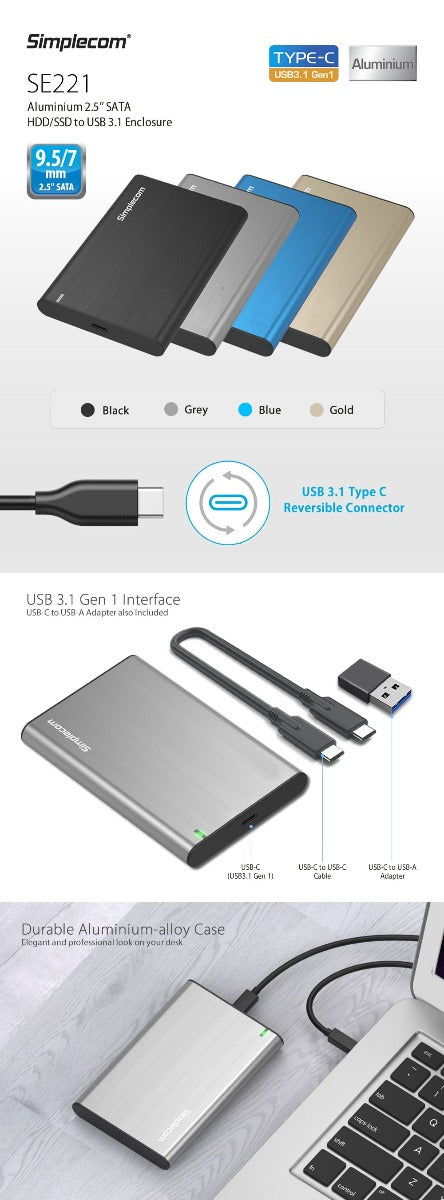 SE221 Aluminium 2.5" SATA HDD/SSD to USB 3.1 Enclosure | Gold