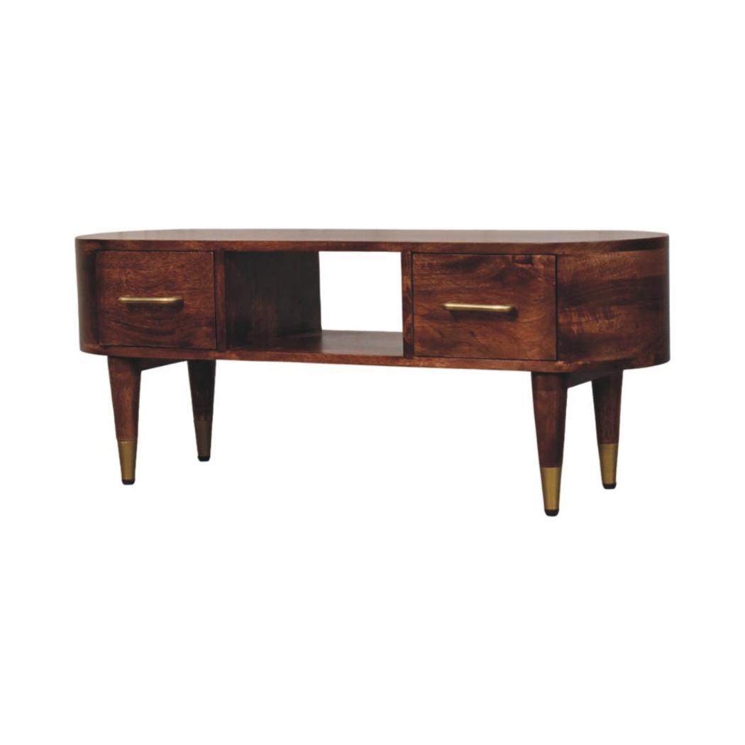 Valenza Curved Media Console | Solid Mango Wood | Roasted Almond Finish | 2 Drawer TV Entertainment Unit