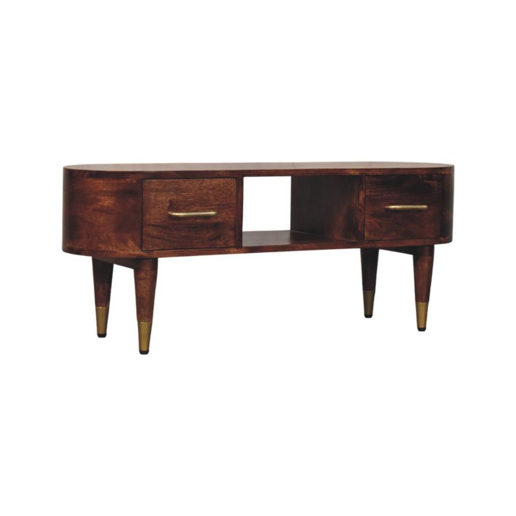Valenza Curved Media Console | Solid Mango Wood | Roasted Almond Finish | 2 Drawer TV Entertainment Unit