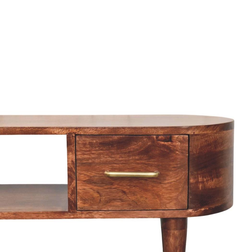 Valenza Curved Media Console | Solid Mango Wood | Roasted Almond Finish | 2 Drawer TV Entertainment Unit
