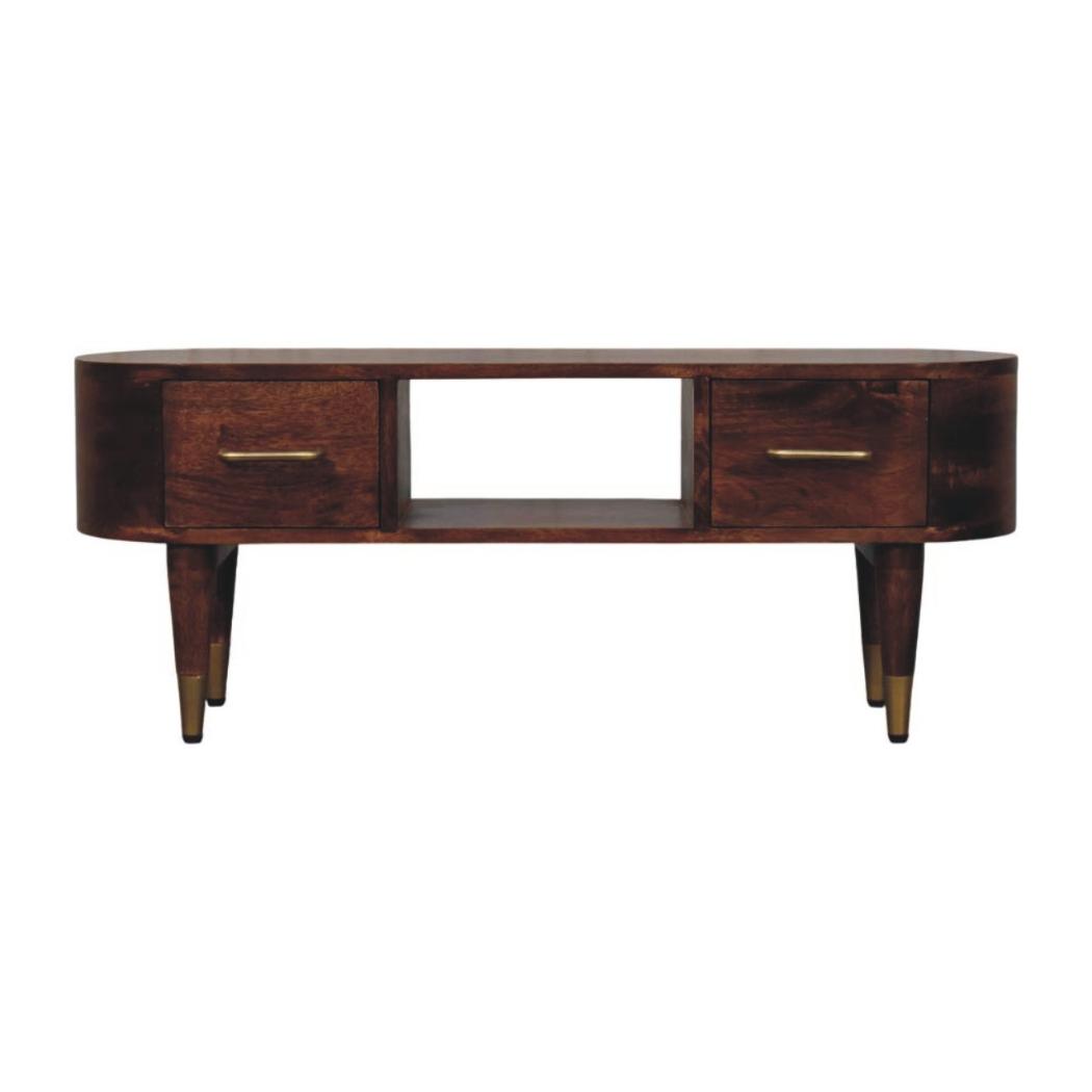 Valenza Curved Media Console | Solid Mango Wood | Roasted Almond Finish | 2 Drawer TV Entertainment Unit