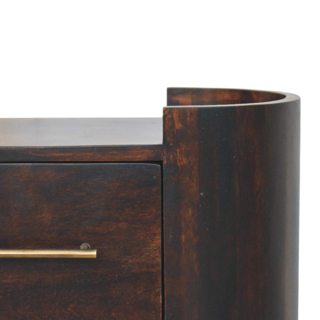 Velvet Mocha Curved Bedside Table | Solid Mango Wood | Mocha Finish | Compact Bedroom Storage