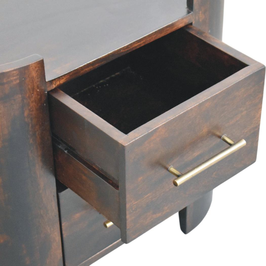 Velvet Mocha Curved Bedside Table | Solid Mango Wood | Mocha Finish | Compact Bedroom Storage