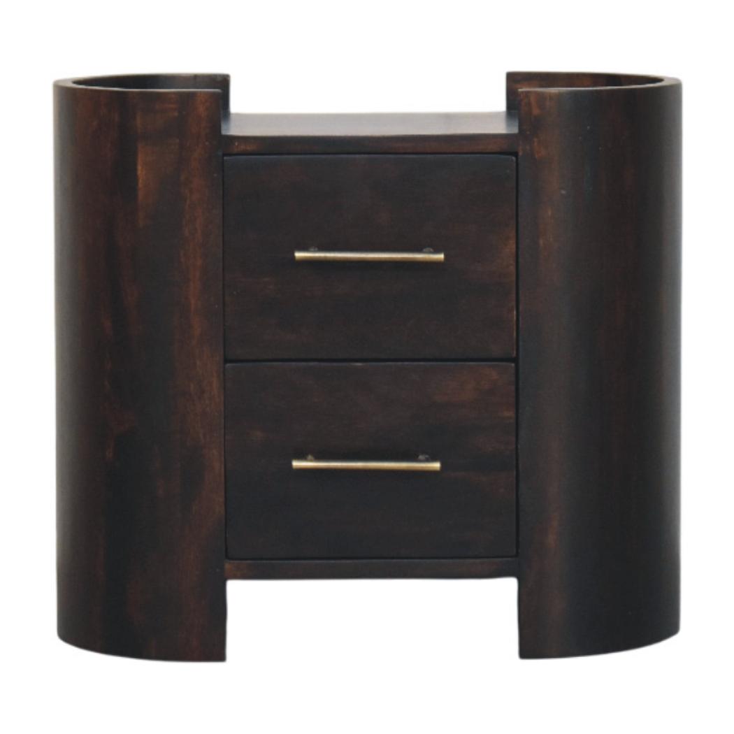 Velvet Mocha Curved Bedside Table | Solid Mango Wood | Mocha Finish | Compact Bedroom Storage