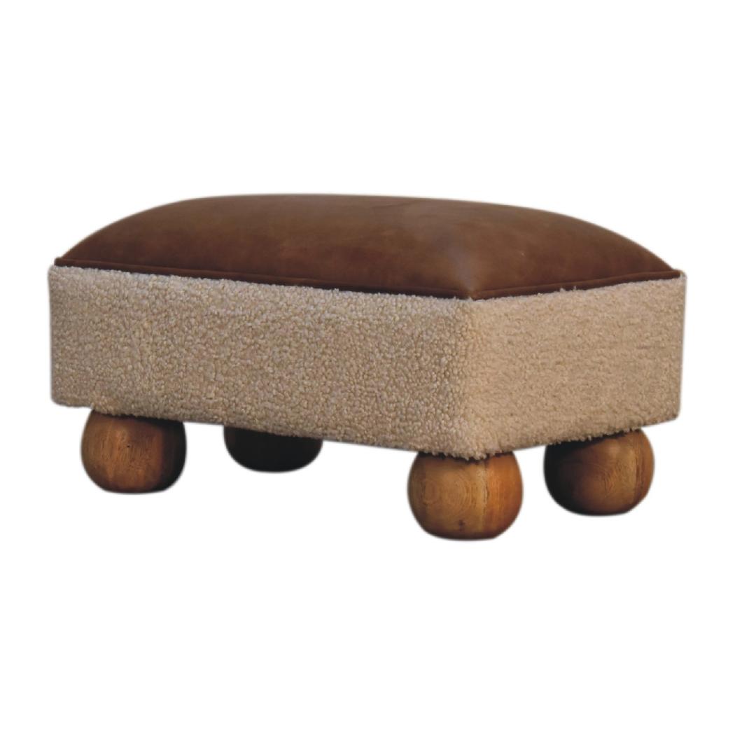 Vintage Leather & Bouclé Ball Footstool | Accent Stool