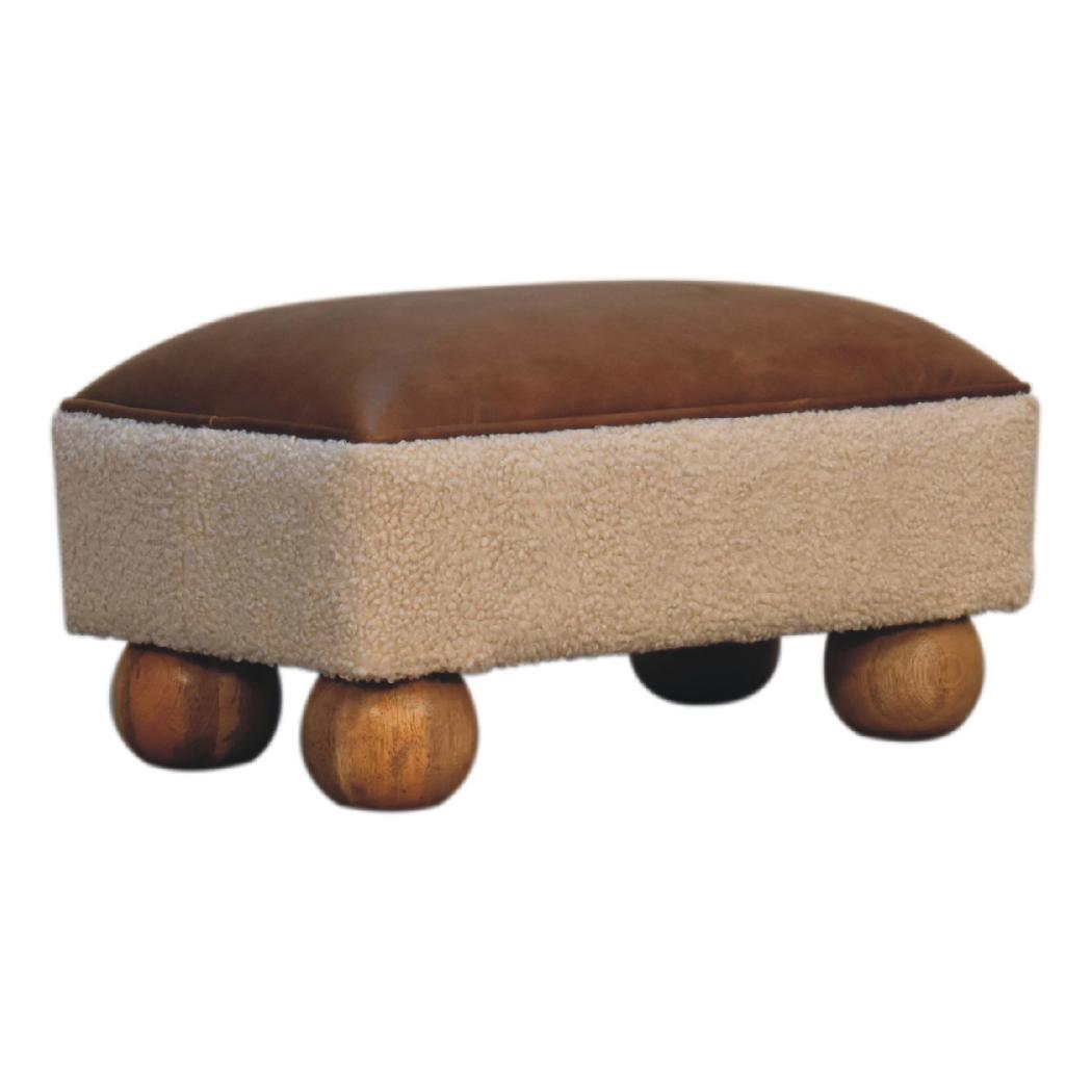 Vintage Leather & Bouclé Ball Footstool | Accent Stool