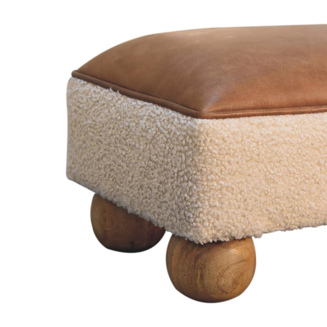 Vintage Leather & Bouclé Ball Footstool | Accent Stool