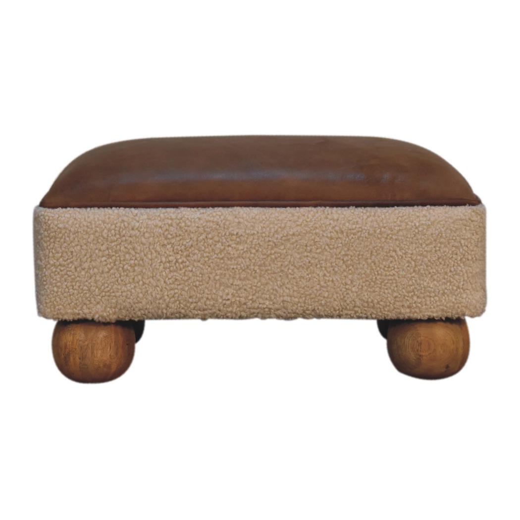 Vintage Leather & Bouclé Ball Footstool | Accent Stool
