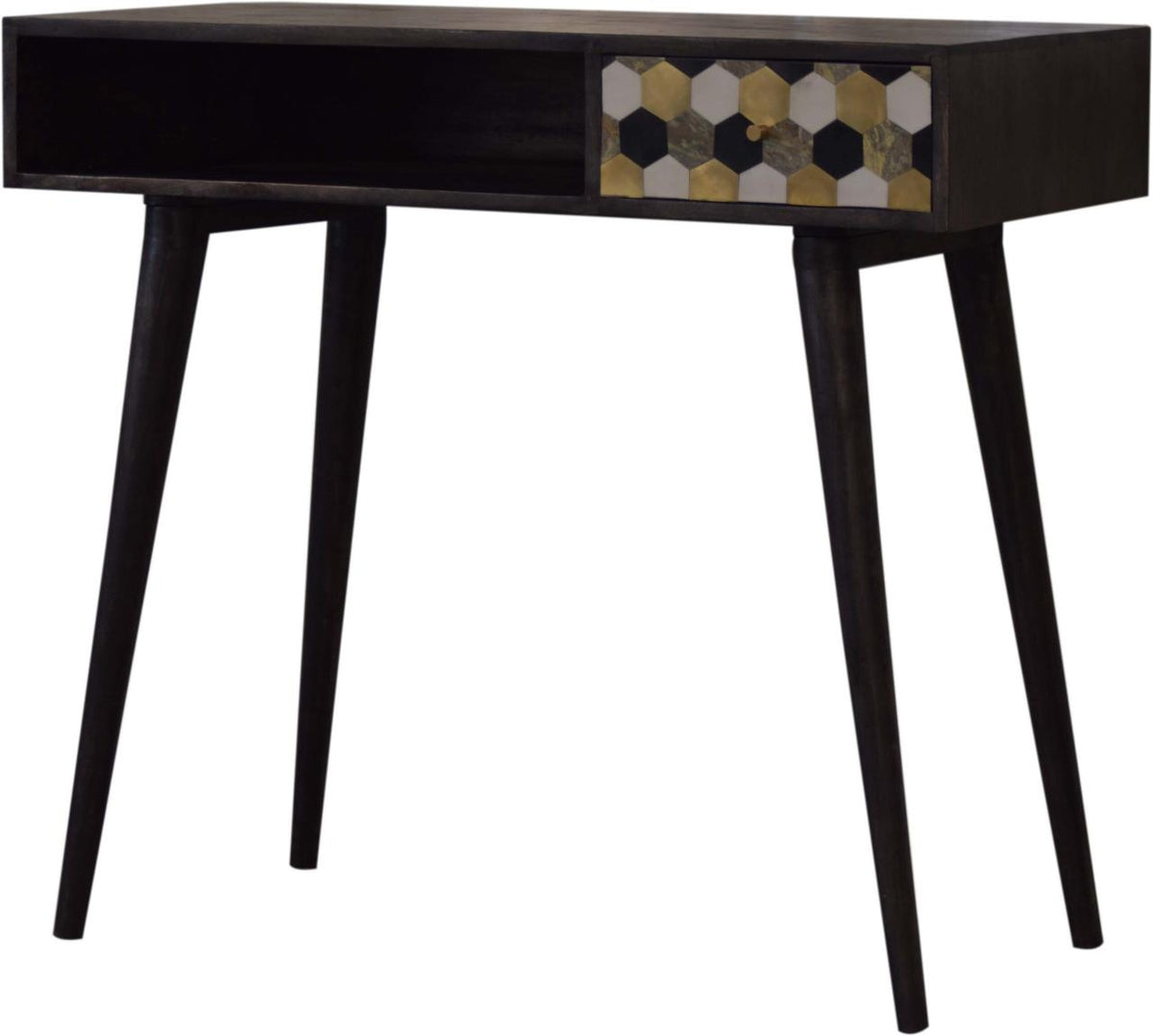 Walnut Block Writing Desk | Solid Mango Wood | Dark Walnut Finish | 1 Drawer & Open Shelf
