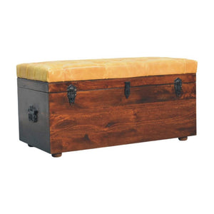 Walnut Storage Trunk Bench | Tan Leather Seat