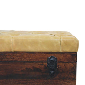 Walnut Storage Trunk Bench | Tan Leather Seat