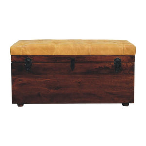 Walnut Storage Trunk Bench | Tan Leather Seat