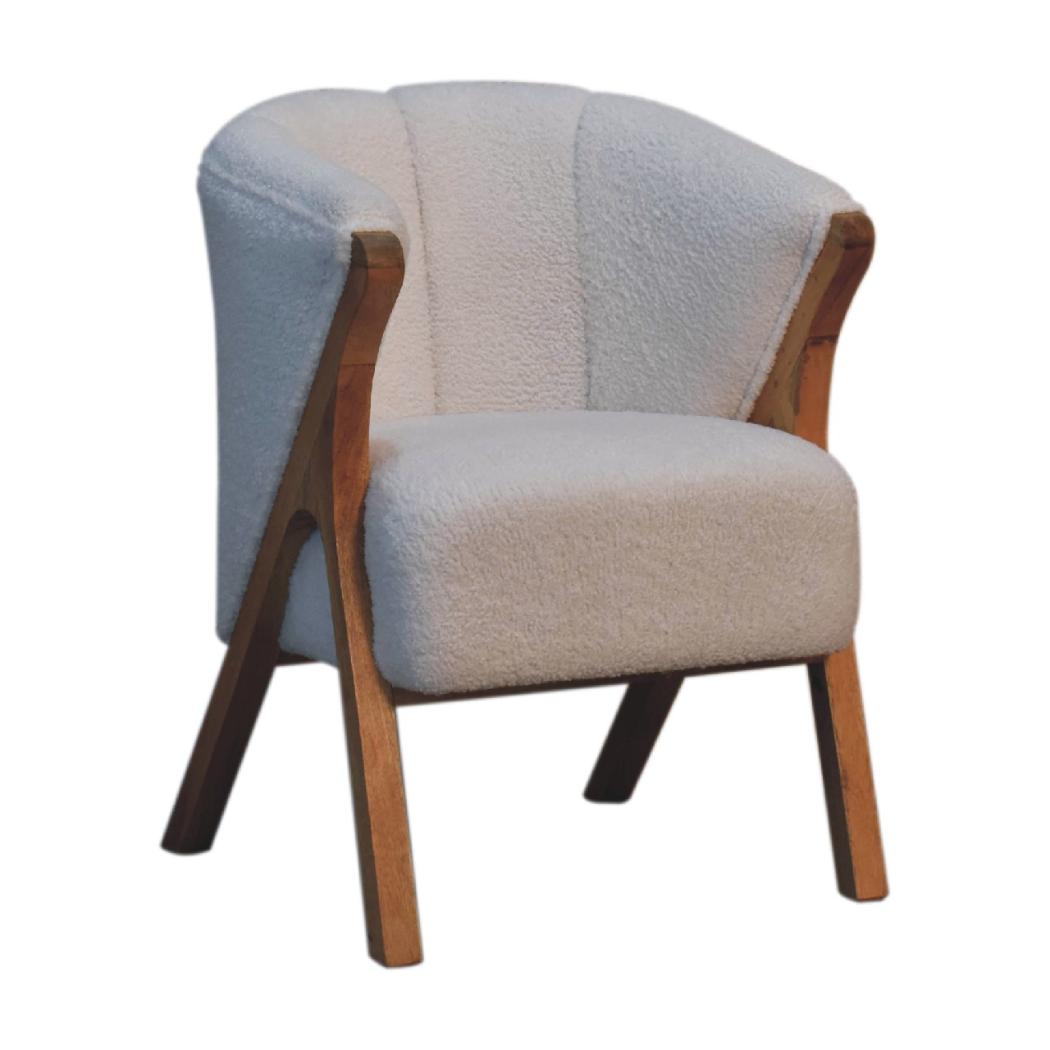 White Bouclé Accent Chair | Solid Mango Wood Legs | Oak-Ish Finish | Minimalist Seating