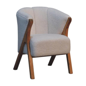 White Bouclé Accent Chair | Solid Mango Wood Legs | Oak-Ish Finish | Minimalist Seating