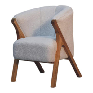 White Bouclé Accent Chair | Solid Mango Wood Legs | Oak-Ish Finish | Minimalist Seating