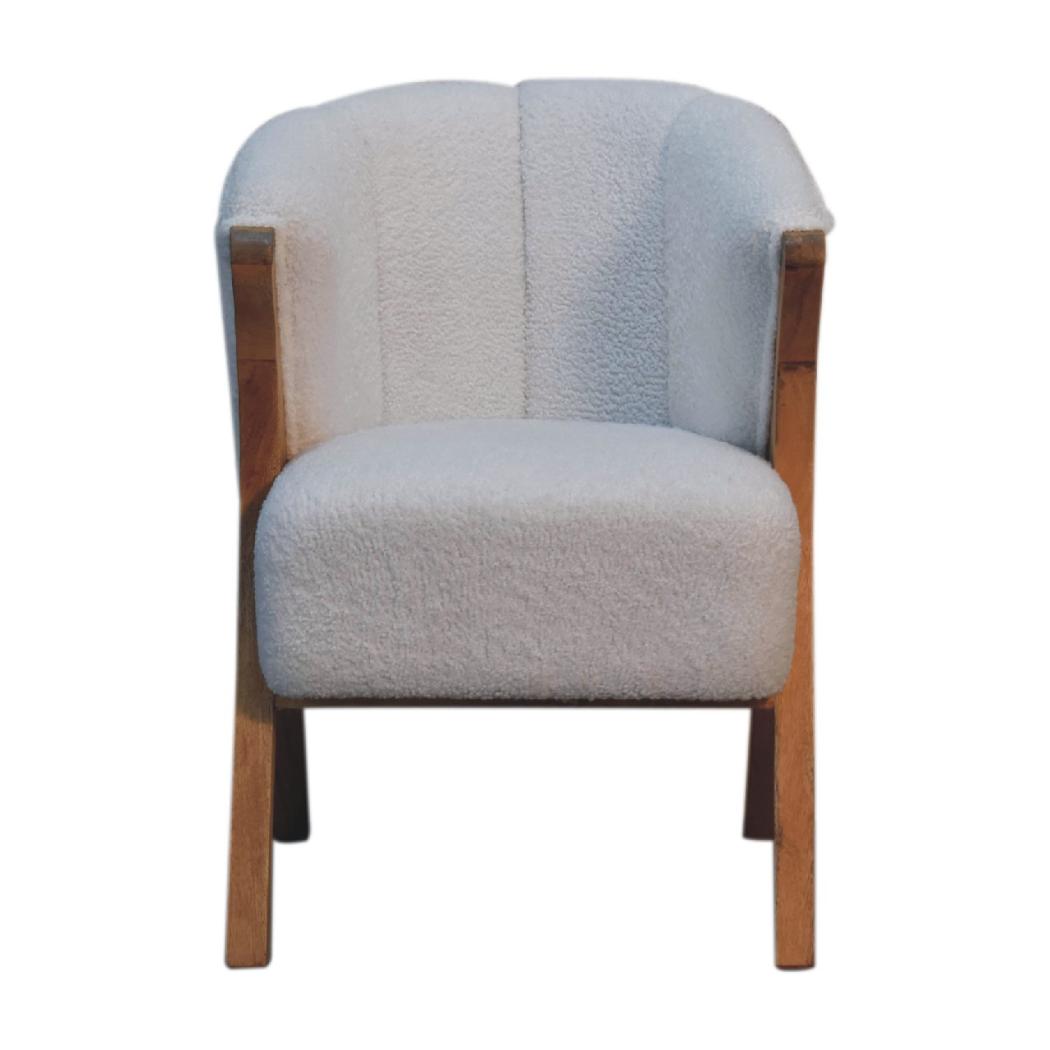 White Bouclé Accent Chair | Solid Mango Wood Legs | Oak-Ish Finish | Minimalist Seating