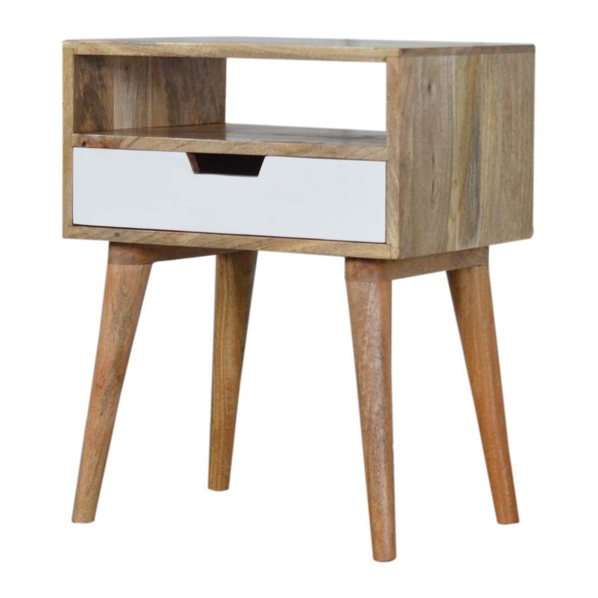 White Drawer Mango Wood Bedside Table | Open Shelf | Nordic Legs