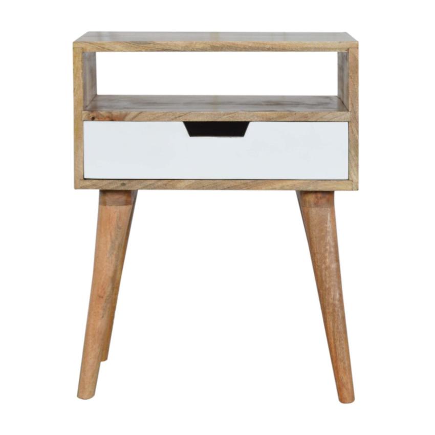 White Drawer Mango Wood Bedside Table | Open Shelf | Nordic Legs