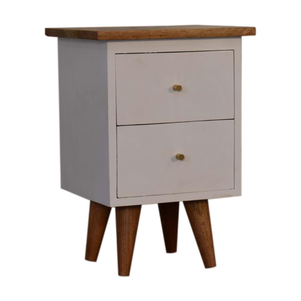 White Hand-Painted Bedside Table | Solid Mango Wood | Oak Top | 2 Drawers