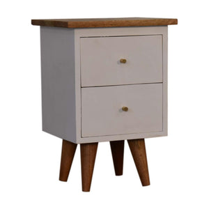 White Hand-Painted Bedside Table | Solid Mango Wood | Oak Top | 2 Drawers