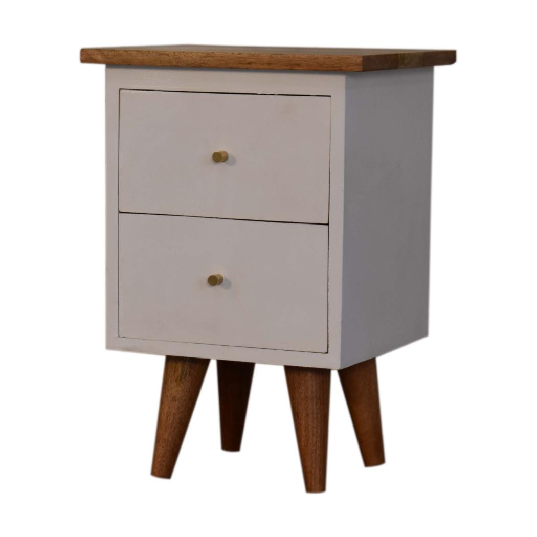 White Hand-Painted Bedside Table | Solid Mango Wood | Oak Top | 2 Drawers