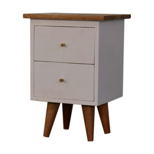 White Hand-Painted Bedside Table | Solid Mango Wood | Oak Top | 2 Drawers