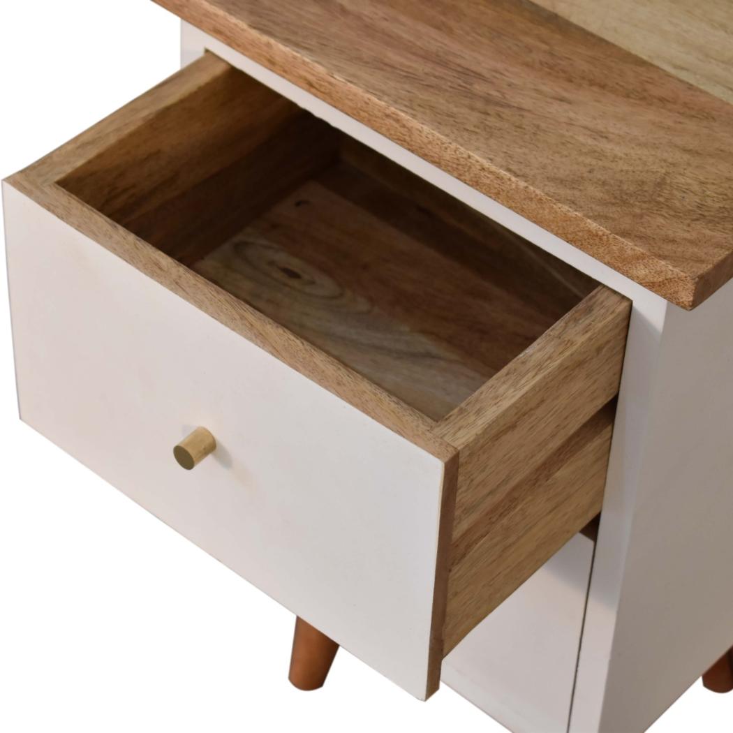 White Hand-Painted Bedside Table | Solid Mango Wood | Oak Top | 2 Drawers