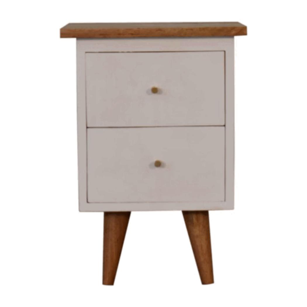 White Hand-Painted Bedside Table | Solid Mango Wood | Oak Top | 2 Drawers