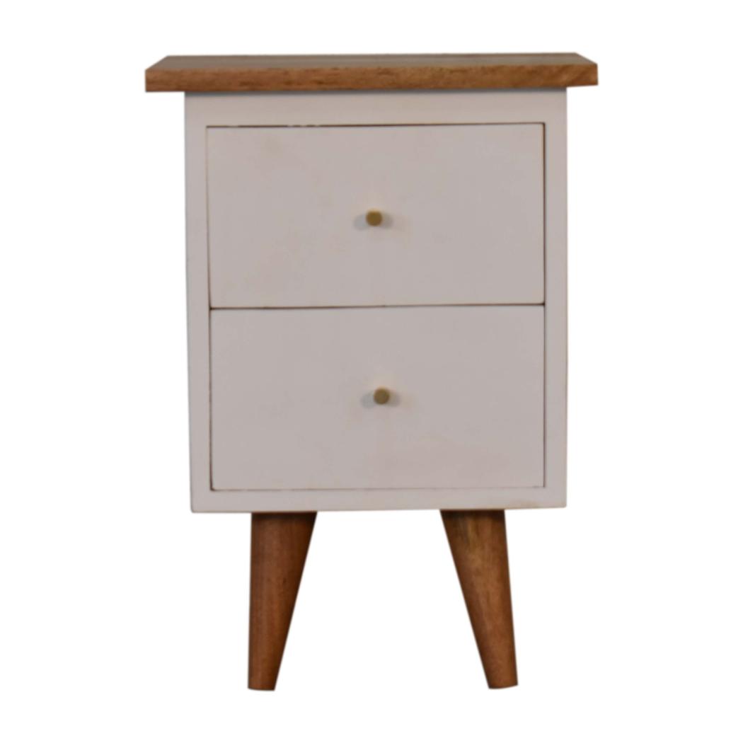 White Hand-Painted Bedside Table | Solid Mango Wood | Oak Top | 2 Drawers