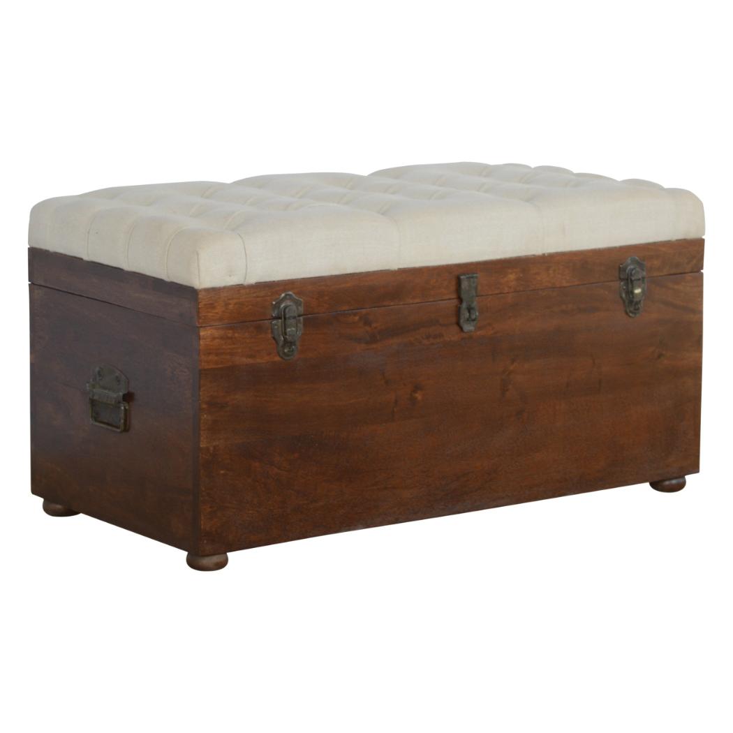 White Linen Storage Trunk | Solid Mango Wood | Chestnut Finish | Buttoned Bench