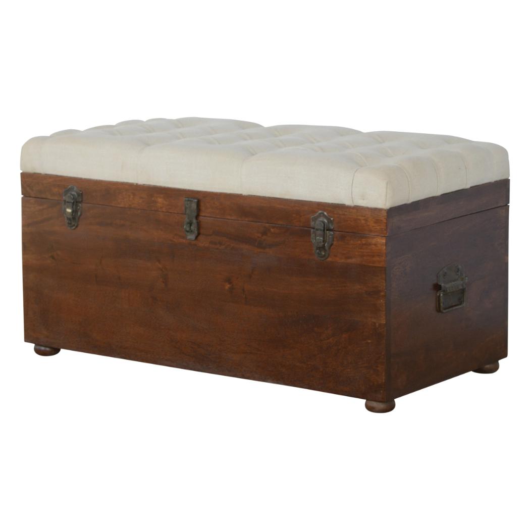 White Linen Storage Trunk | Solid Mango Wood | Chestnut Finish | Buttoned Bench