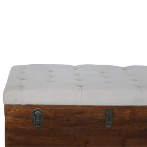 White Linen Storage Trunk | Solid Mango Wood | Chestnut Finish | Buttoned Bench